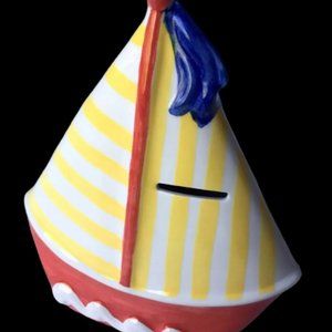 Andrea By Sadek Sailboat Coin Piggy Bank Nautical Beach Ocean Decor Vintage 7.5